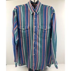 Vtg Wrangler Shirt Mens 16.5x34 X-Long Tails Stripe Western Cowboy Button Down